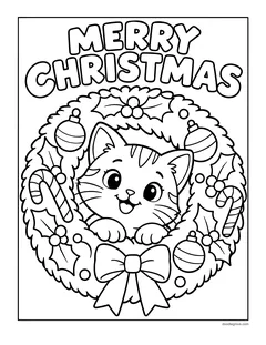 A kitten peeking through a Christmas wreath with ornaments, candy canes and a bow under the words Merry Christmas