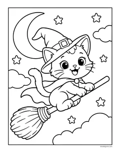 A kitten in a witch hat and cape flying on a broomstick past the moon and stars