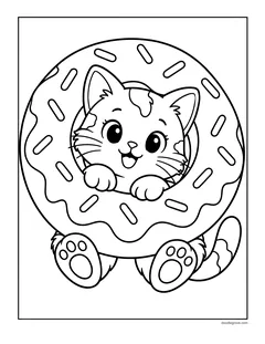 A kitten peeking through the hole of a giant sprinkled donut