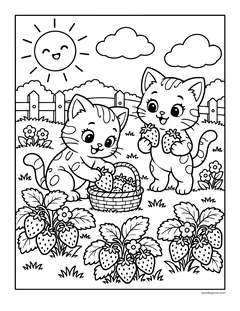 Two kittens picking strawberries into a basket in a garden with a fence and a smiling sun