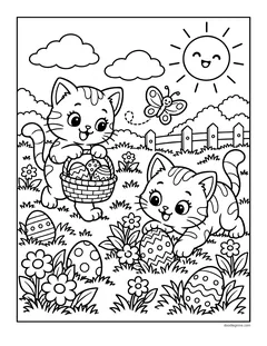 Two kittens finding decorated Easter eggs in the grass, one carrying a basket, with a butterfly and a smiling sun