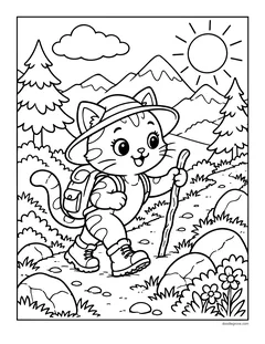 A kitten in a hat and hiking boots walking a mountain trail with a walking stick and a backpack