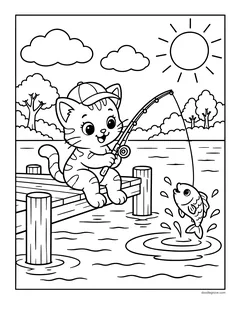 A kitten in a cap fishing from a wooden dock, with a fish jumping out of the lake