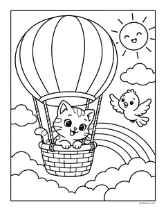 A kitten riding in the basket of a striped hot air balloon, with a rainbow, a bird and a smiling sun