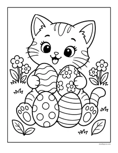 A kitten sitting with an armful of patterned Easter eggs among flowers