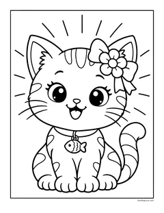 A smiling kitten with a flower bow on one ear and a fish tag on its collar, with rays around it