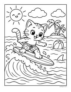 A kitten in swim shorts surfing a big wave, with a beach ball, a palm tree island and a smiling sun