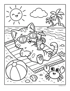 A kitten in sunglasses relaxing on a beach towel with a drink, a beach ball, a shell and a crab