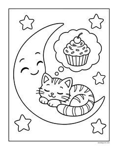 A kitten curled up asleep on a smiling crescent moon, dreaming of a cupcake, with stars