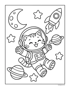 A kitten in a space suit floating among planets, stars, the moon and a rocket