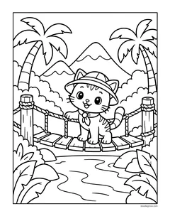 A kitten explorer in a safari hat crossing a rope bridge over a jungle river between palm trees