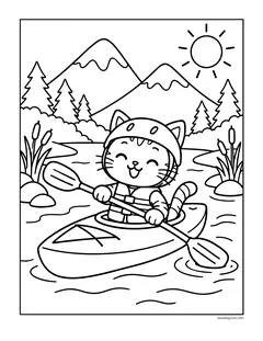 A kitten in a helmet and life jacket paddling a kayak on a lake below mountains and pine trees