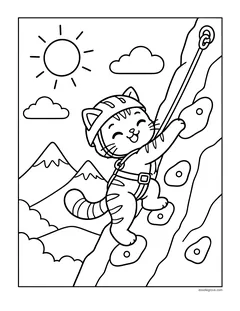A kitten in a helmet and harness climbing a rock wall on a rope, with mountains below