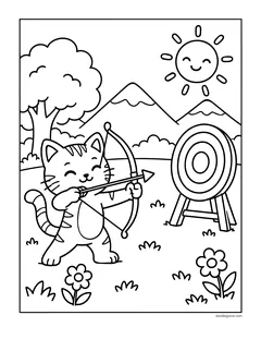 A kitten aiming a bow and arrow at a target in a meadow with mountains and a smiling sun