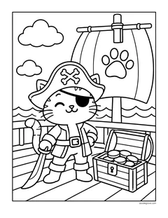 A kitten in a pirate hat and eye patch on a ship's deck, next to a treasure chest of gold coins and a sail with a paw print