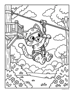 A spotted kitten in goggles and a harness riding a zip line from a treehouse over a forest