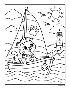 A kitten in a sailor hat sailing a boat with a paw print sail, past a lighthouse and seagulls