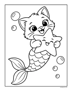 A kitten with a mermaid tail hugging a smiling starfish, with bubbles