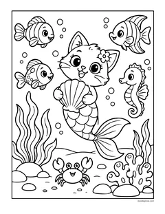 A mermaid kitten holding a shell under the sea with fish, a seahorse, a crab and seaweed
