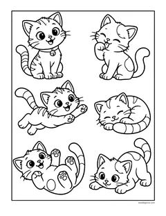Six kittens on one page: sitting, washing a paw, pouncing, sleeping, rolling on their backs and crouching