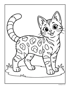 A Bengal cat with rosette spots and a striped tail standing on the grass