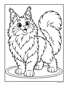 A big fluffy Maine Coon cat with ear tufts and a bushy tail standing on a round mat