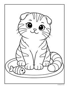 A striped Scottish Fold kitten with folded ears sitting on a mat with a fish toy