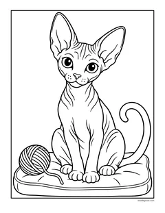 A hairless Sphynx cat with big ears sitting on a cushion with a ball of yarn