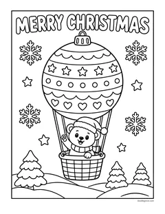 The words Merry Christmas above a hot air balloon shaped like an ornament, with a bear cub in a Santa hat in the basket, snowflakes and pine trees