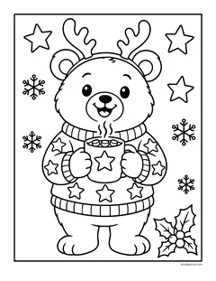 A bear wearing reindeer antlers and a star sweater holding a steaming mug of cocoa, with holly, stars and snowflakes