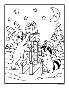A bunny and a raccoon in Santa hats stacking a tower of presents in the snow, with a Christmas tree, stars and a smiling moon