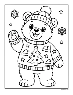 A bear in a pom-pom hat waving, wearing a sweater with a Christmas tree, Santa hats and stars on it