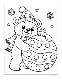 A bear in a knit hat and a scarf hugging a giant Christmas ornament with dots and stripes, with snowflakes and stars