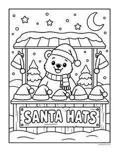 A bear in a Santa hat and a scarf selling Santa hats at a snowy wooden stand with a Santa Hats sign, under a crescent moon
