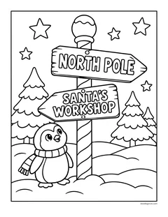 A penguin in a scarf standing below a striped signpost with arrows to the North Pole and Santa's Workshop, with pine trees and stars