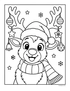 A smiling reindeer in a Santa hat with ornaments, a star and a bell hanging from its antlers, wearing a scarf, with snowflakes