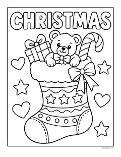 The word Christmas above a stocking with a teddy bear, a present and a candy cane peeking out, with hearts and stars