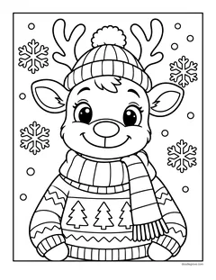 A reindeer in a knit hat, a scarf and a sweater with Christmas trees on it, with snowflakes