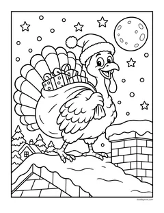 A turkey in a Santa hat carrying a sack of presents across a snowy rooftop next to a chimney, under a full moon
