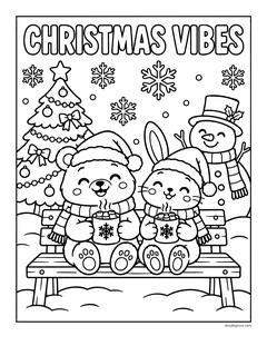 The words Christmas Vibes above a bear and a bunny in Santa hats sitting on a bench with mugs of cocoa, a Christmas tree and a snowman behind them