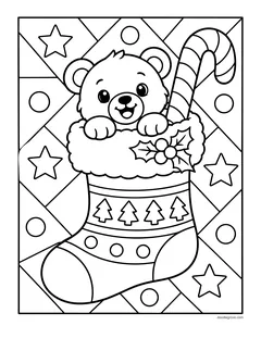 A bear cub peeking out of a stocking with a candy cane and holly, in front of a background divided into diamonds with stars and dots