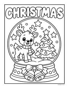 The word Christmas above a snow globe with a young reindeer in a scarf and a Christmas tree inside, and bells on the base