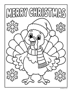 The words Merry Christmas above a turkey in a Santa hat and a striped scarf, with snowflakes