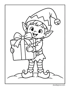 A smiling elf holding a big wrapped gift with a bow, standing in the snow
