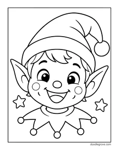 A big smiling elf face with pointy ears, a long hat and a collar with bells, with stars