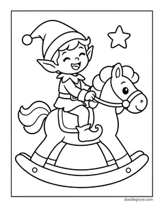 A laughing elf riding a rocking horse, with two stars