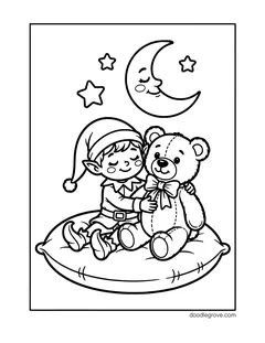 A sleepy elf hugging a teddy bear on a round cushion under a smiling moon and stars