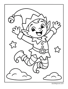 An elf jumping for joy with both arms up, with stars and two clouds