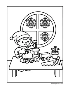 An elf hammering a wooden toy train at a workbench by a round window with snowflakes, with a saw and a cup of nails