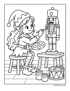 A girl elf painting a wooden nutcracker toy on a stool, with a paint palette, paint jars and a toy drum